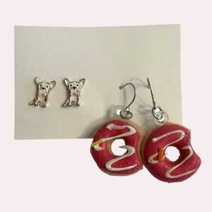 Set of 2 Pairs of Earrings Pink Squishy Donuts & White Dog with Pink Bow